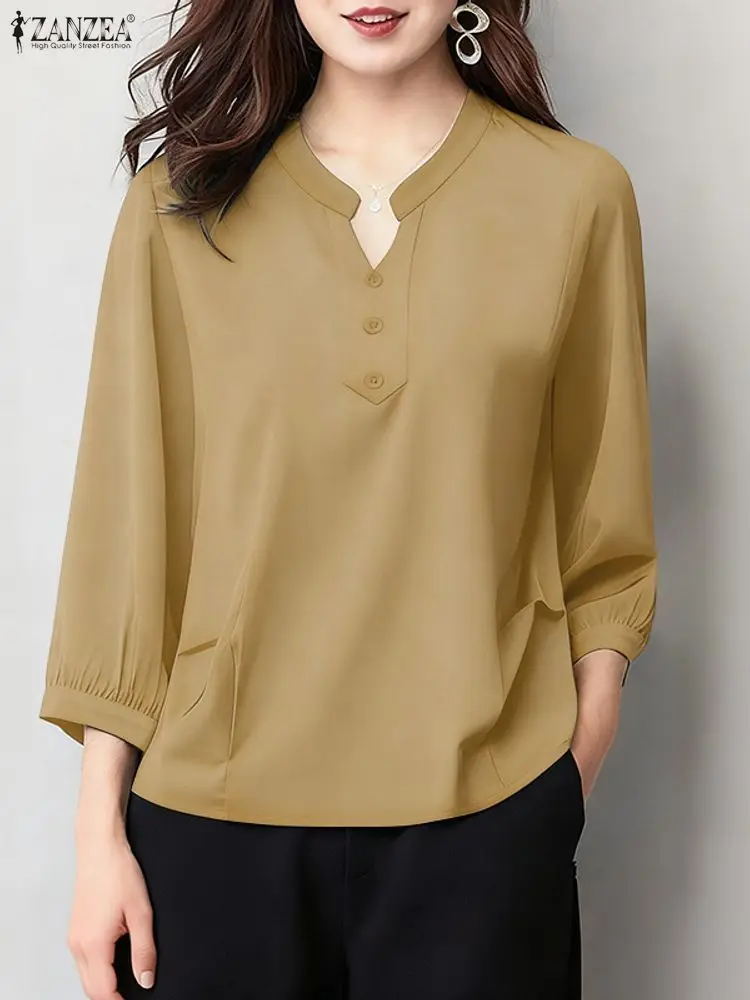 

ZANZEA Elegant Fashion Blouse Women Solid Tops 2025 Autumn Casual Loose V-Neck Office Lady Shirts Puff Sleeve Vintage Blusas