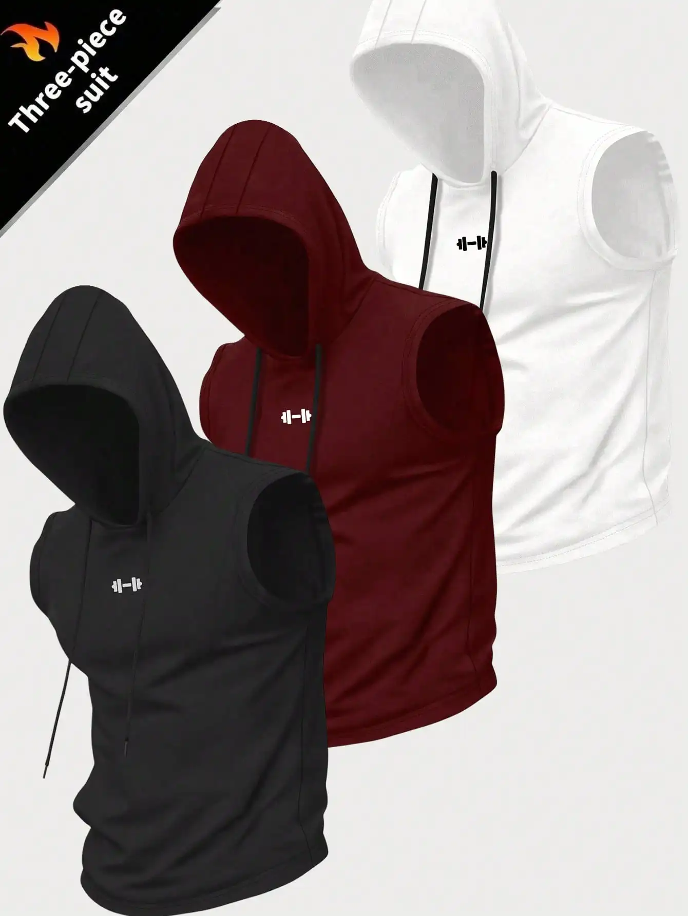 

Мужской комплект из 3-х безрукавных топов с капюшоном - черный, бордовый, белый