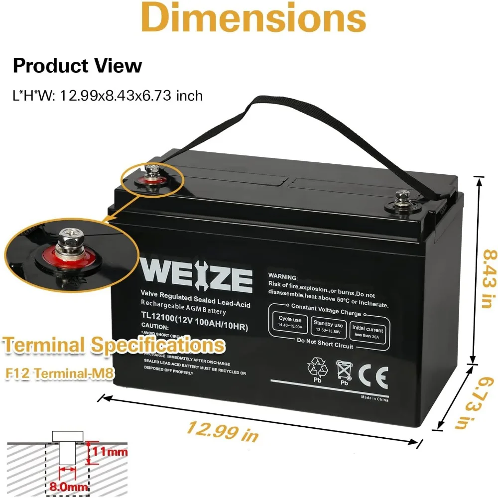 Deep Cycle AGM 12 Volt 100Ah Battery, Maintenance-Free, 3% Self-Discharge Rate, 1150A Max Discharge Current, Perfect for RV