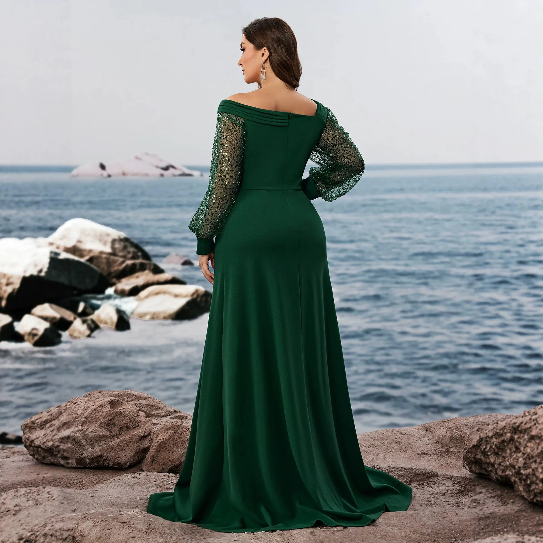 Picture 4: Off Shoulder Sequin Mesh Lantern Sleeve Plus Size Mermaid Gown Emerald Green Rhinestone Waistband Floor Length Prom Dress