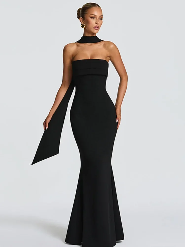 

Off-shoulder Strapless Sexy Maxi Dress Women Gown Scarf Collar Sleeveless Backless Bodycon Club Party Evening Dresses