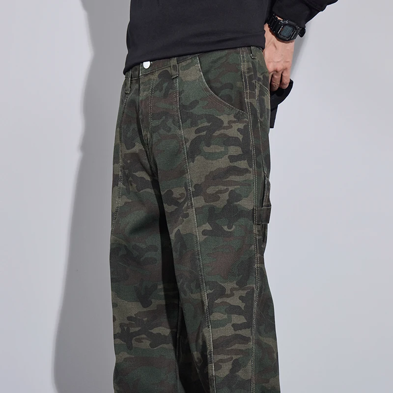 Calças de carga camufladas para homens e mulheres, calças jeans low rise calças largas retrô, calças jeans retas, streetwear de harajuku