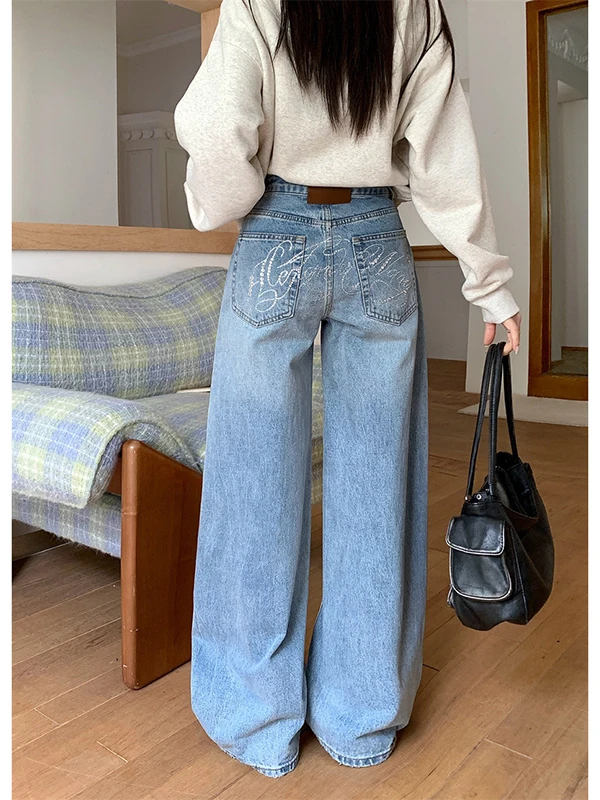 

Ретро американские широкие джинсы со стразами и высокой талией, женские осенне-зимние новые свободные брюки прямого кроя длиной до пола