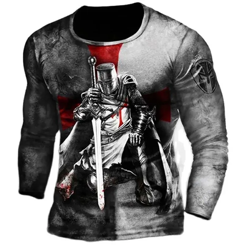 3D Print Retro Knights Templar Autumn Men\'s O-Neck T-shirt Casual Long Sleeve Oversized T Shirt Fashion Pullover Men Clothing