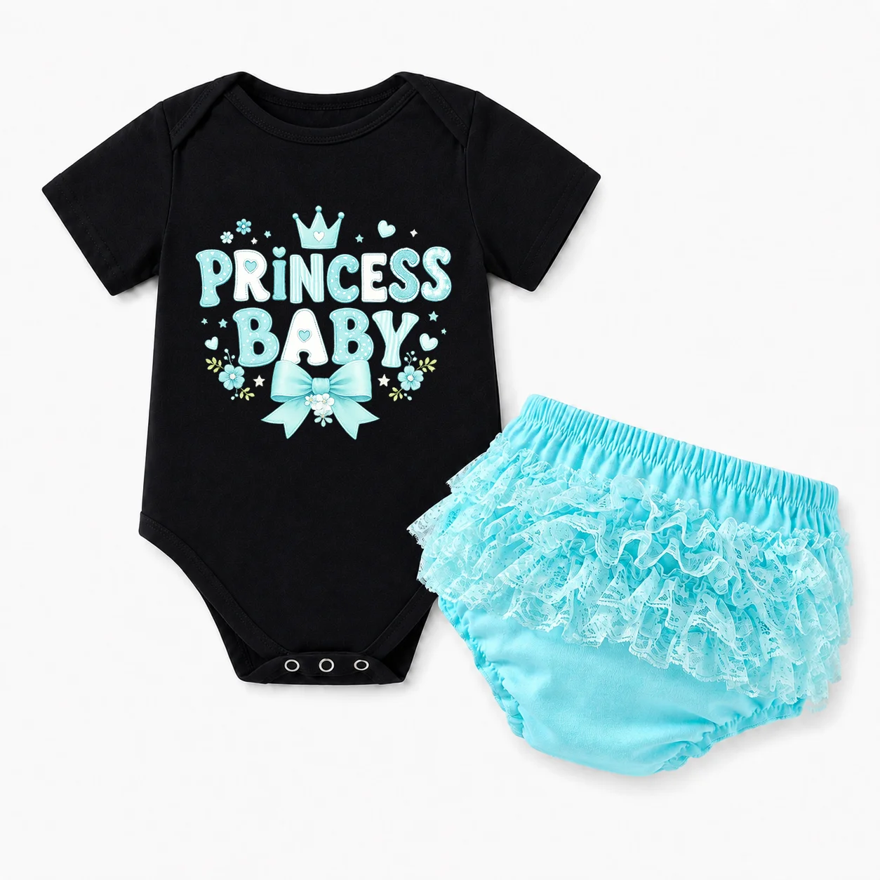 Cute Princess Baby Print Black Onesie Mint Green Lace Tutu Skirt 2 Piece Baby Girls Outfit Newborn Photo Shoot Birthday Party Cl