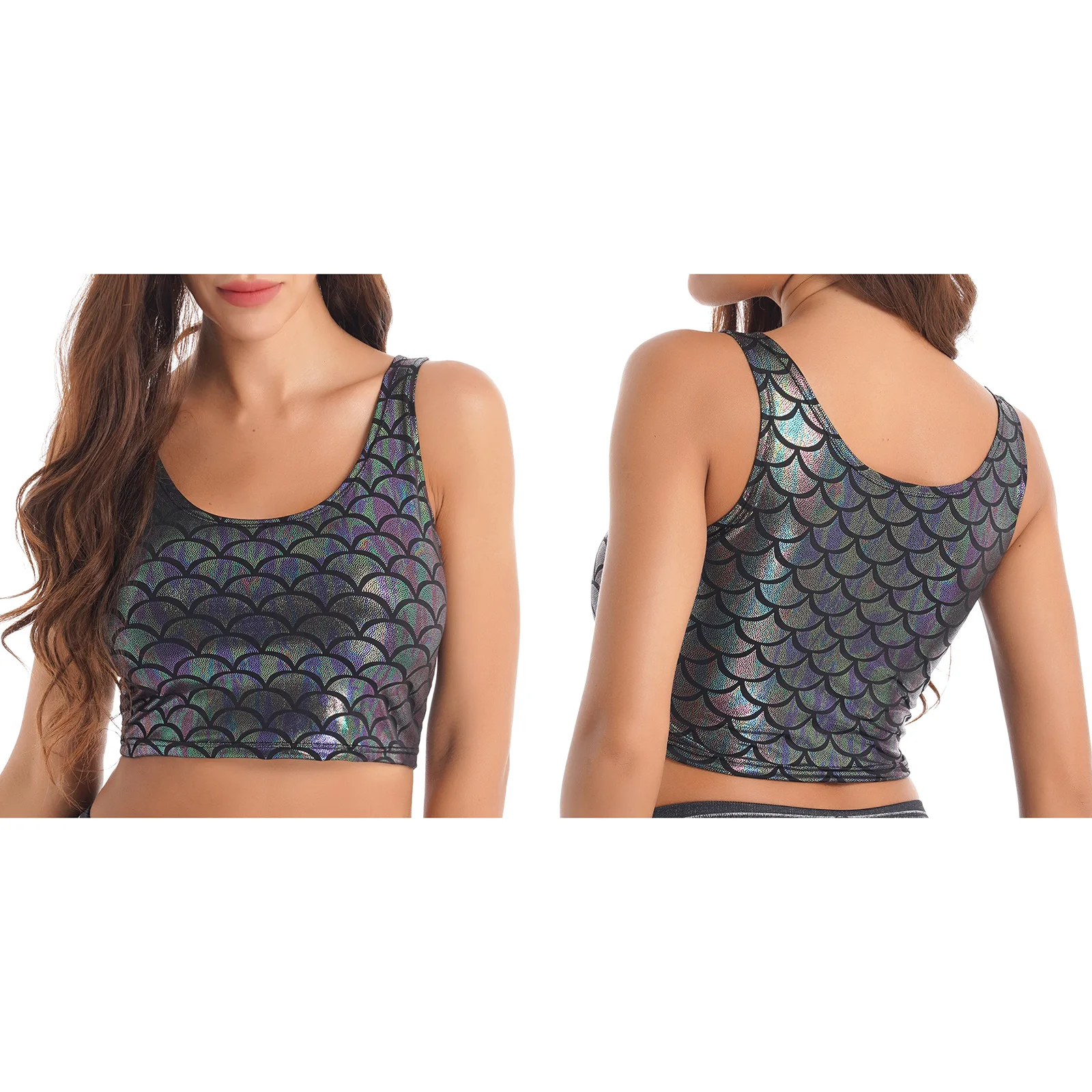 Frauen Meerjungfrau Pole Tanzen Party Clubwear Outfits Metallic Shiny Fisch Skala Print Crop Tops + Booty Dance Shorts Fitness Bademode