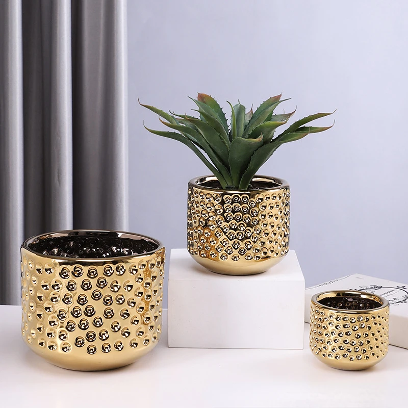 Gold Ceramic Flower Pot Succulent Flowerpot Vase Terrarium Plant Pots Balcony Decorations Plantas Accesorios Home Decoration