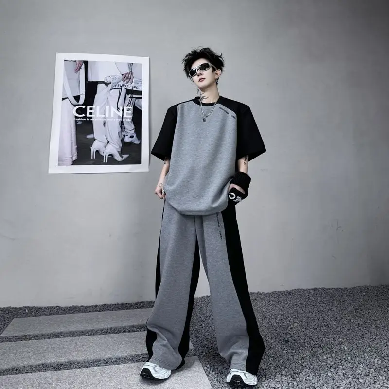 Alphabet Male T Shirt Trousers Sets No Logo Men's Pants Set Fashion Man 2025 Cool Casual Stretch Two Piece Korean Style Tee Kpop