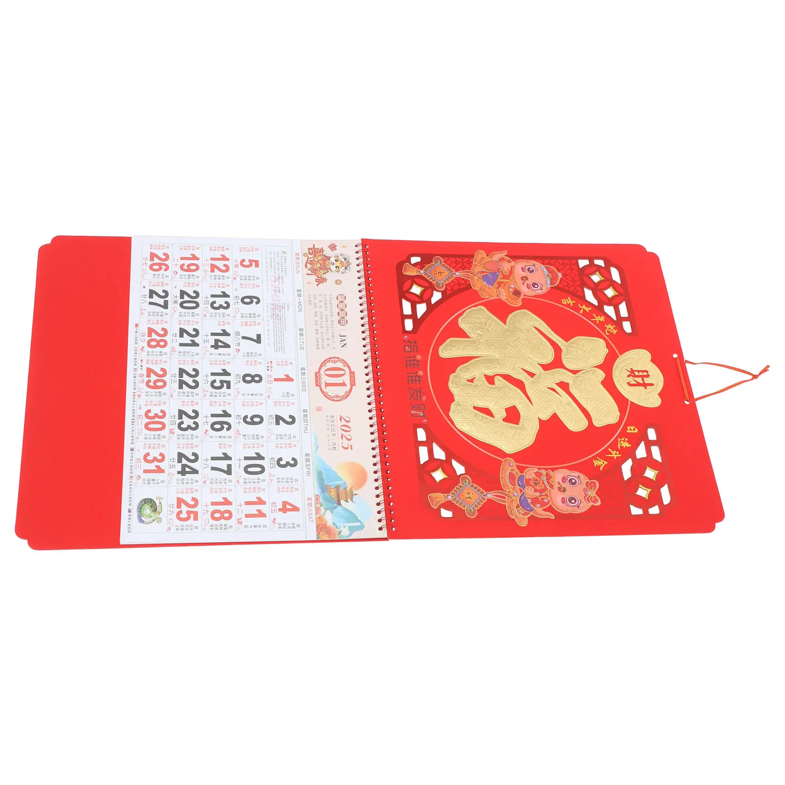 

Fu Character 2025 Snake Year Hanging Calendar Chinese Style Monthly Wall Calendar with Global Holidays Decorative Festive