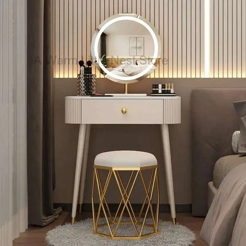 

Minimalist White Vanity Table Round Mirror Storage Makeup Vanity Table Luxury Chair Pentiadeira De Maquiagem Home Furniture