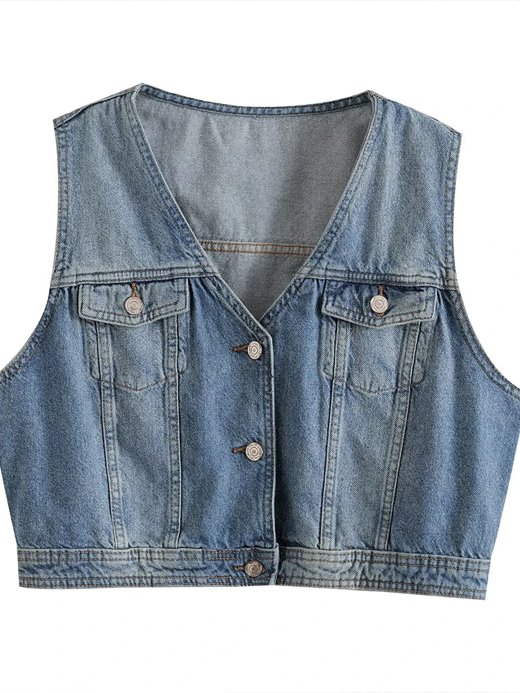 

European style new women's clothing fashionable and versatile simple temperament slim fit V-neck short denim vest