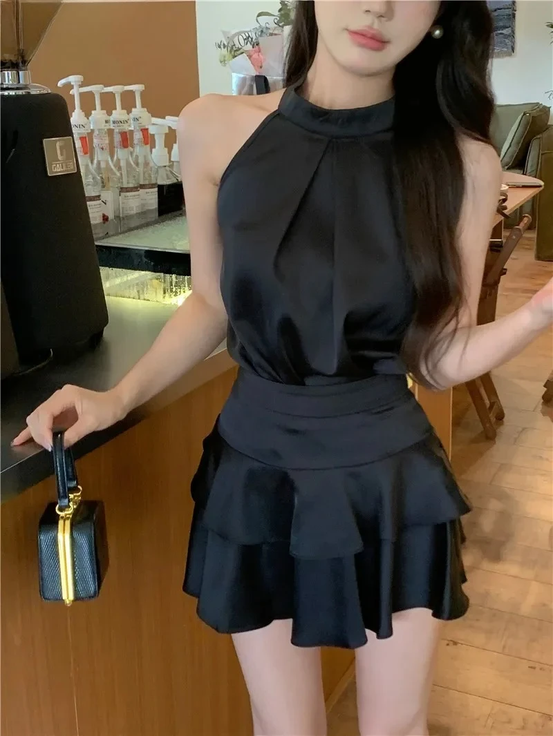 الصلبة الساتان قطعتين تنورة مجموعات المرأة الزي الرسن أكمام تانك الأعلى عالية الخصر متعددة الكشكشة كعكة التنانير الصغيرة #1