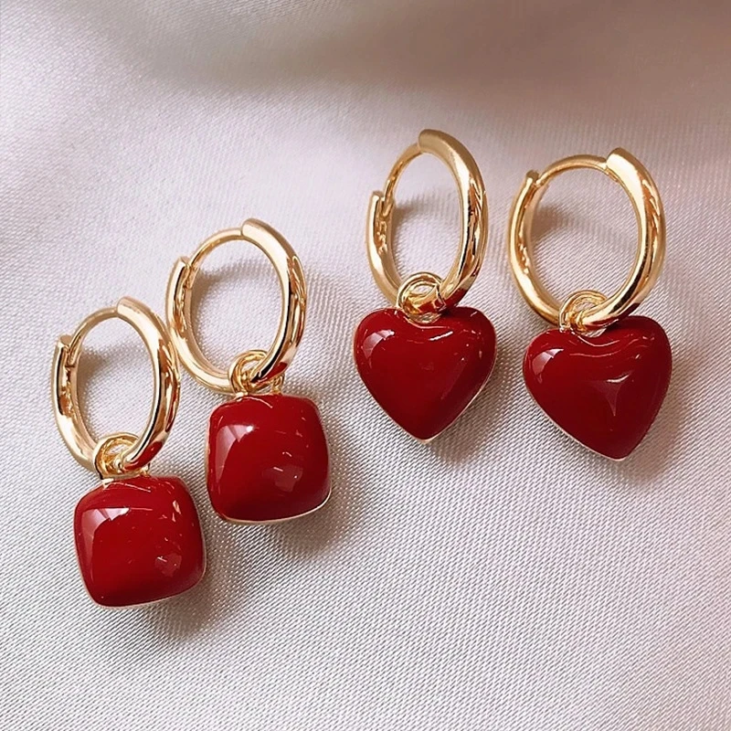 HANGZHI Red Square Heart Charm Hoop Earrings For Women Punk Stainless Steel Small Round Huggie Hoops Fashion Jewelry Gift