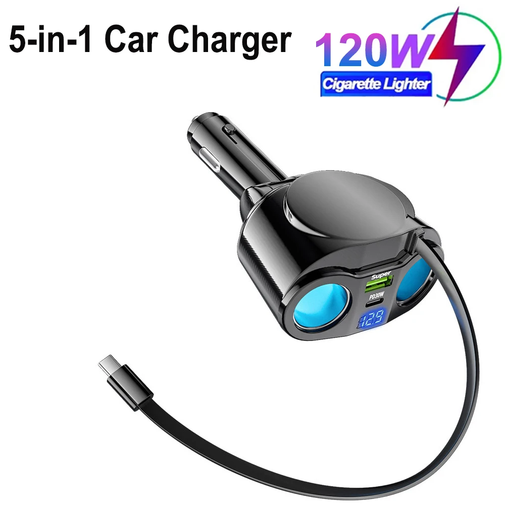 

120W Retractable Car Charger 5 in 1 Super Fast Charge Dual Cigarette Lighter Splitter 12V/24V Universal USB PD Ports Adapter