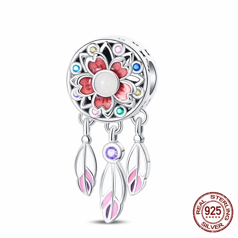 

925 Sterling Silver Zirconia Pendant Bead Dreamcatcher with Romantic Bohemian Style Suitable for DIY Bracelets Womens Jewelry