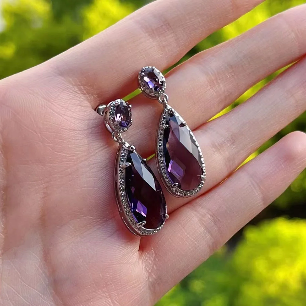 Huitan Minimalist Big Water Drop Cubic Zirconia Dangle Earrings for Women Temperament Elegant Purple Earrings Wedding Jewelry