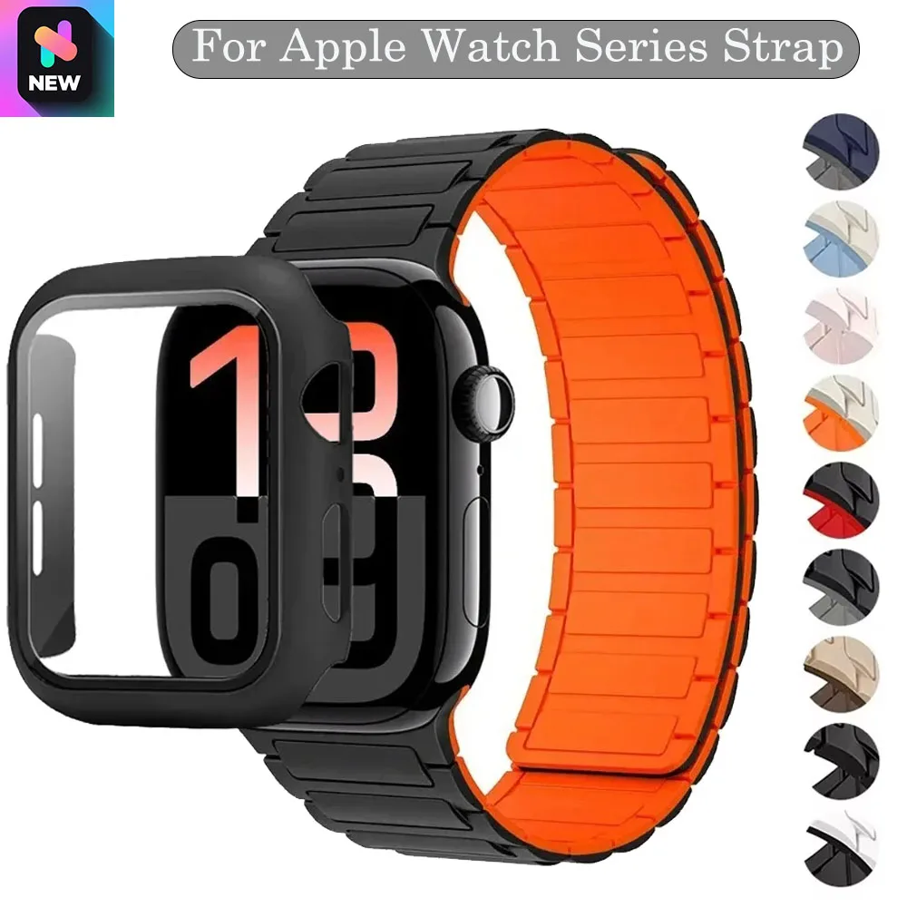 Magnetisches Silikonarmband + PC-Gehäuse für Apple Watch Ultra 2 49 mm 10 46 mm 42 mm Ersatzband für 9 8 7 45 mm 41 mm 6 5 SE 44 mm/40 mm