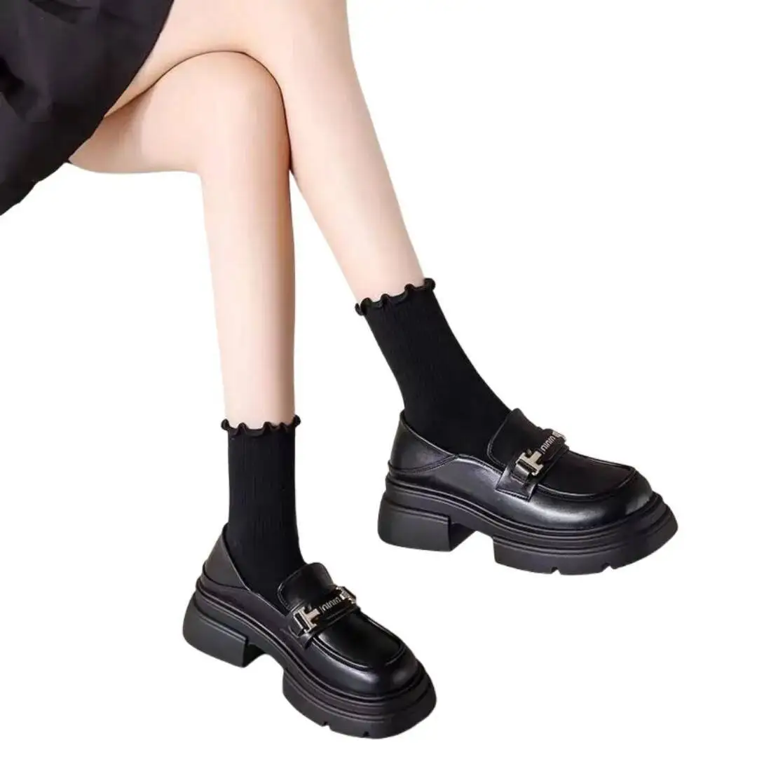 Leather Shoes Women 2025 Autumn New Women's Thick Soled Block Heel Leather Shoes Versatile French Loafer Slip On Casual Shoes