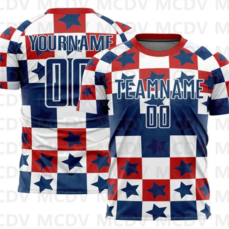 

Custom Royal Red-White Stars And Squares Sublimation Soccer Uniform Jersey Personlized Team name and you name number