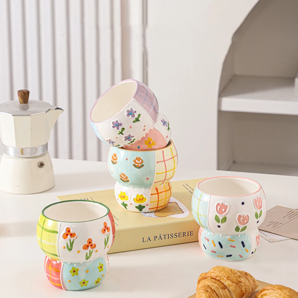 Color Block Relief Pattern Ceramic Mug Underglaze Coffee Milk Cup Cute Drinkware  Fresh Pastoral Style Mug Home Dining Tableware