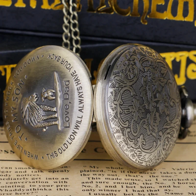 ساعة جيب كوارتز لابنه ، قلادة أسد ، سلسلة لابني ، حب أبي ، قلادة تصميم ، أفضل هدية