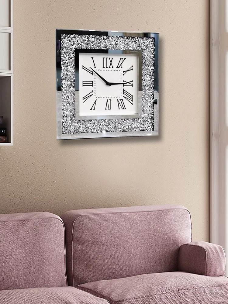 2022 Creative diamond fashion wall clock living room light luxury decoration mute wall watch clock square glass clock