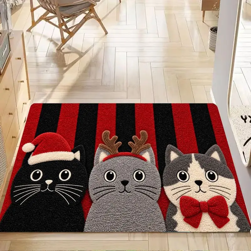 VIKAMA Christmas Tufted Doormat Striped 3 Cats Santa Antlers Bow Non Slip Front Porch Welcome Mat Winter Holiday Decor