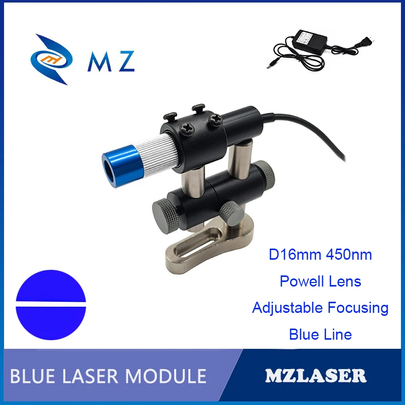 

Powell Lens Blue Line Laser Diode Module Adjustable Focusing D16mm 450nm 50mW 5V 12V 24V Laser+Bracket+Power Supply