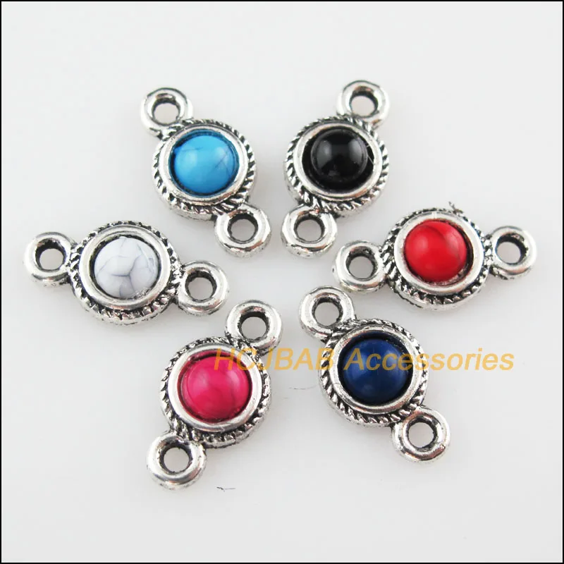 Fashion 24Pcs Tibetan Silver Plated Round Mixed Stone Charms Pendant Connectors 8.5x16mm