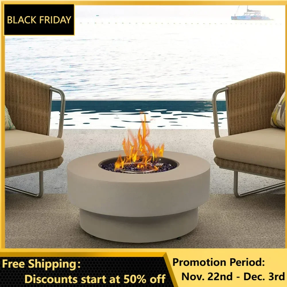 Propane Outdoor Fire Pit Table, Flint & Concrete, Fire Glass, Heavy Duty Rain Cover, Pre-Attached 10ft Propane Hose, Fire Table