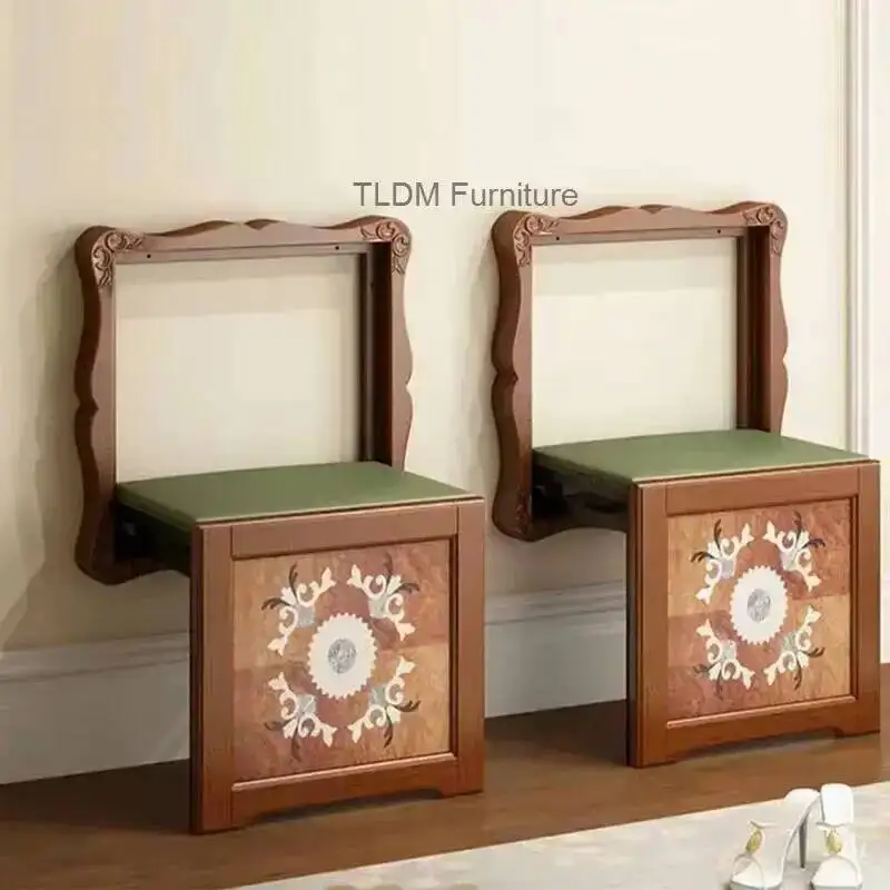 Creative Wall-mounted Shower Seats Folding Bath Chair American Retro Shoe Changing Household Porch Stool Solid Wood Carved Stool