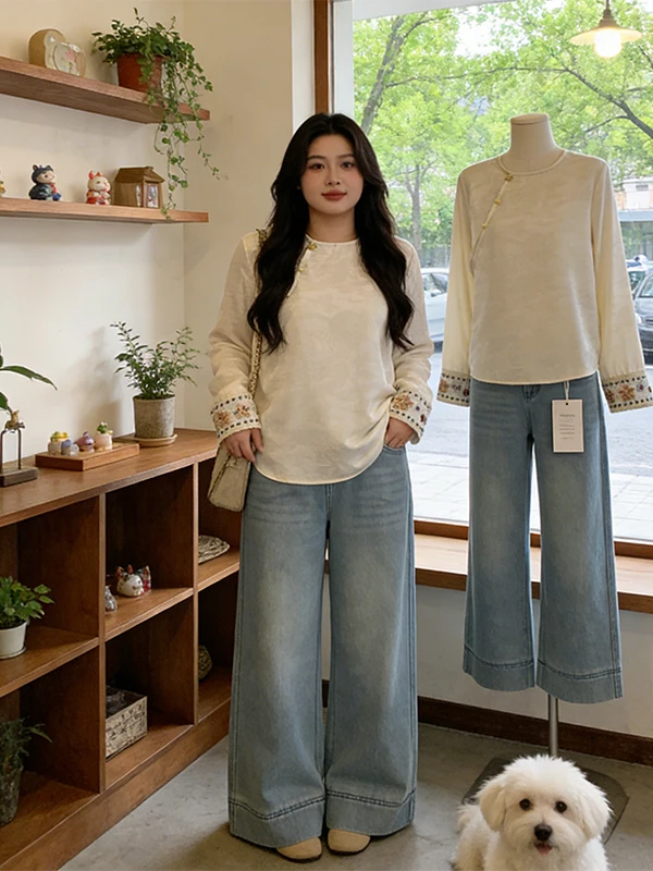 

New Chinese Style National Trend Embroidered Long Sleeve Shirt Women's plus Size Acetate Satin Top Spring 2026 Commute Style