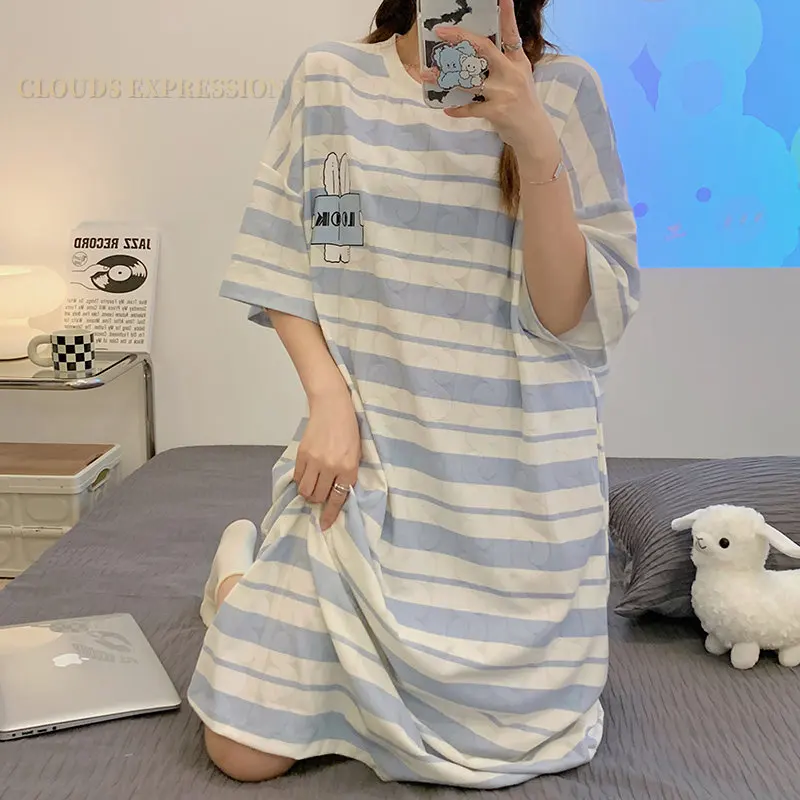 Summer Knitted Cotton Jacquard Kawaii Girls Striped Sleep Dress Women Nightgowns Nighttie Sleepshirts Lady Dresses Home Fashion