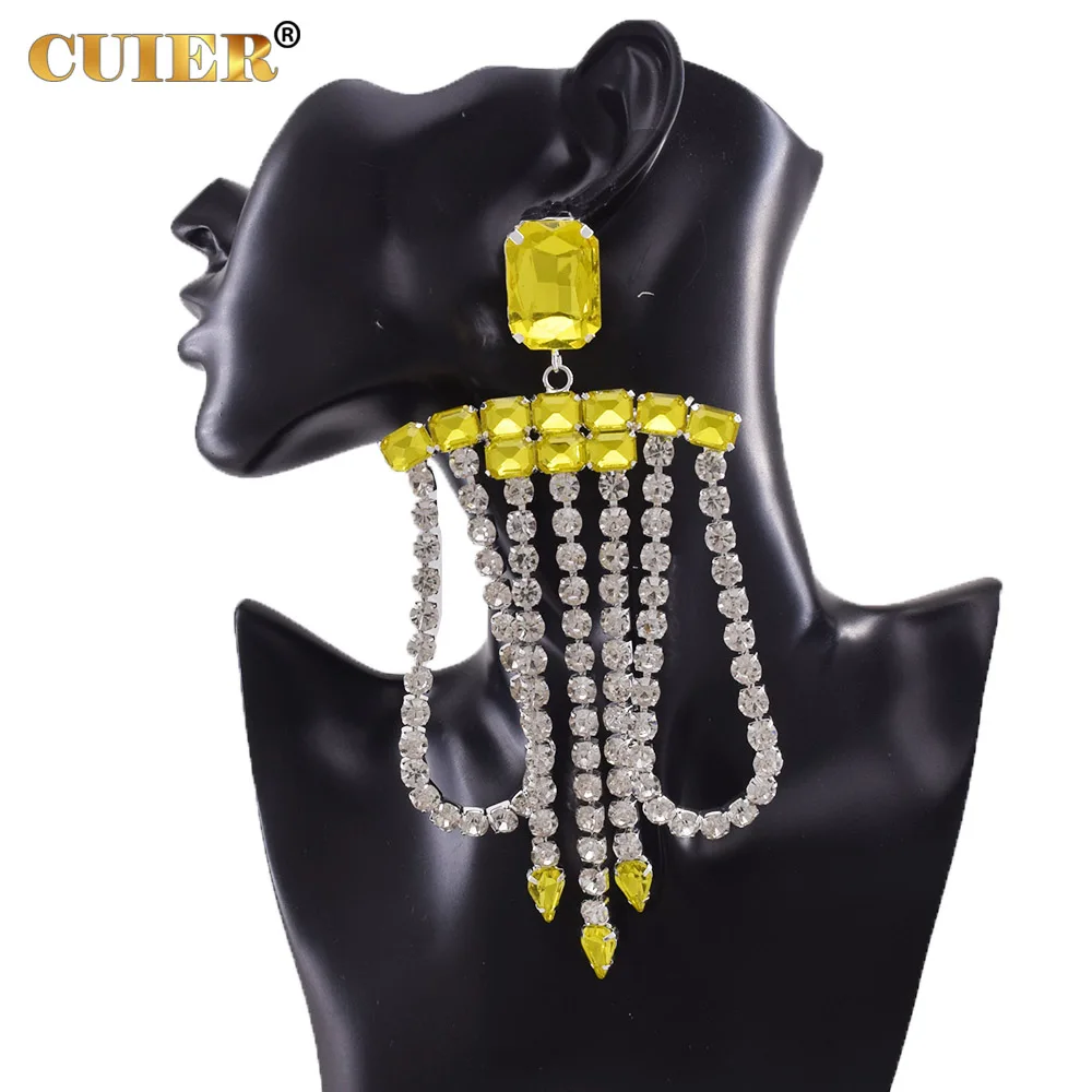 CUIER Clip on 16CM Agile Tassel Dangle Earring for Women Luxury Big Size Special Occasion Jewelry Drag Queen Wedding Stage