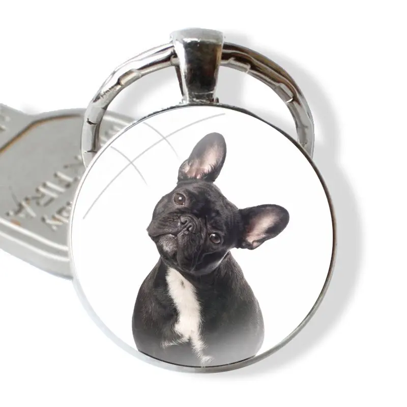 Fashion Design Cartoon Creative French Bulldog Puppy Keychain Handmade Glass Cabochon Key Ring Holder Pendant Key Chains