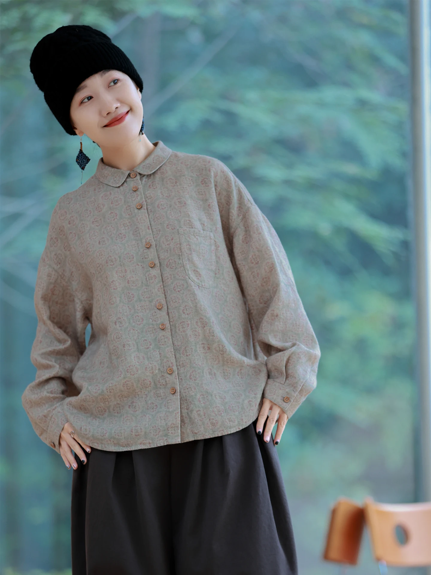 

Ретро-зимняя свободная льняная рубашка с принтом в стиле арт-принт, на пуговицах, из бамбукового волокна, повседневный женский топ