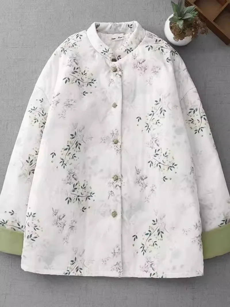Chinese Style Cotton Jacket Women's Printed Stand Up Collar Warm Artistic Retro Quilted Coat Autumn Winter Outerwear w482