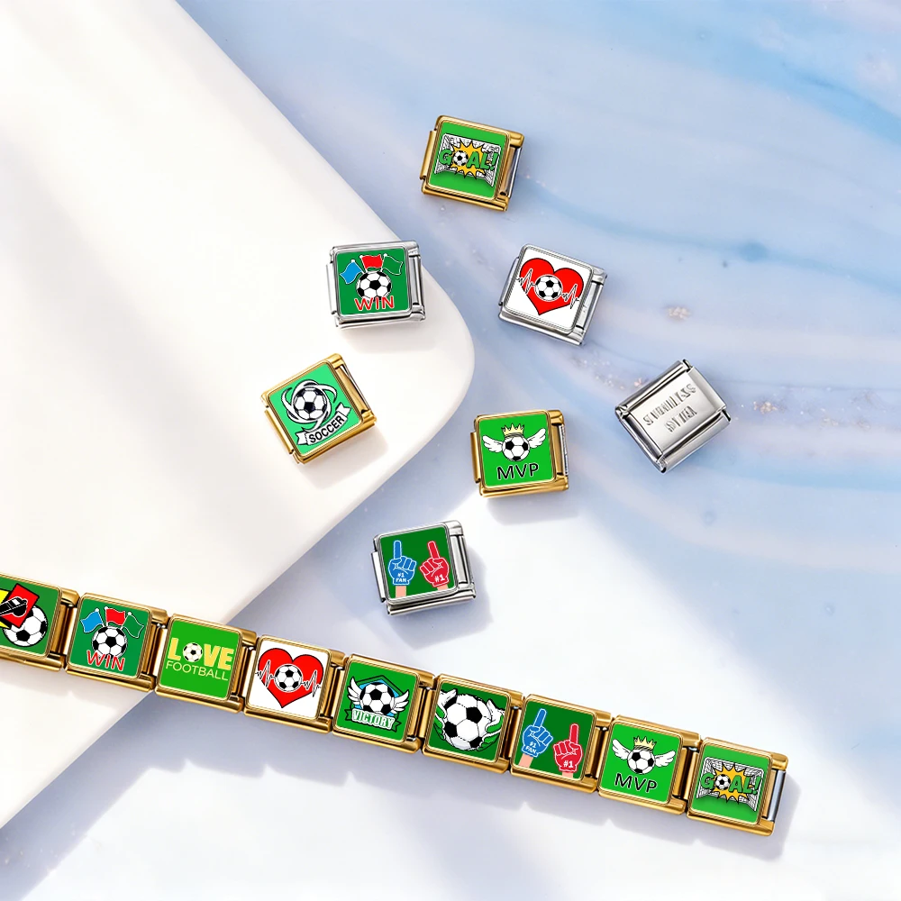 Original Design Grüne Fußball-Serie Edelstahl-Charms Italienische Gliederung Passend für 9mm Armbänder DIY Mode Schmuck für Damen und Herren – Detail 5