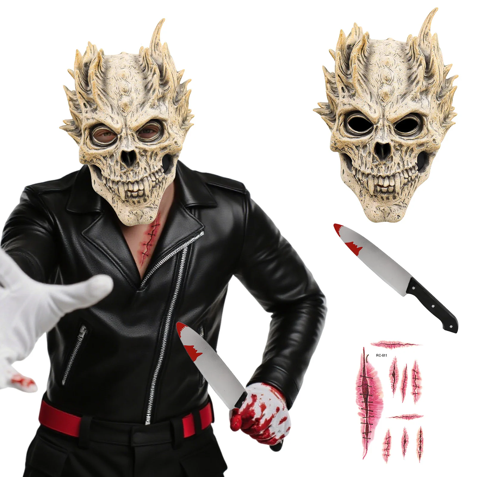 

Skull Skeleton Mask Full Head Mask With Knife Scar Stickers Accessories Halloween Demon Scary Cosplay Party Props