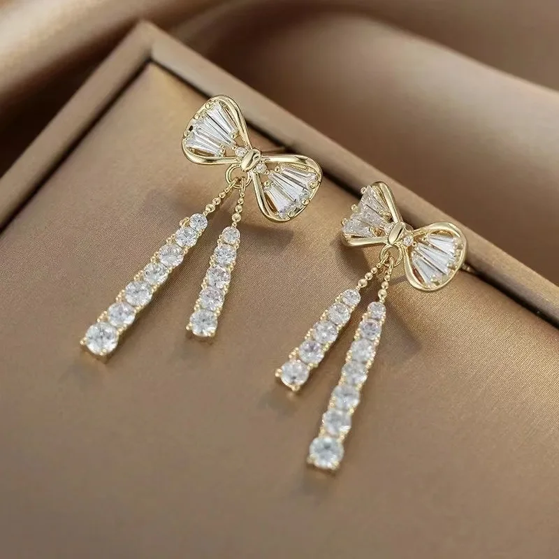 Korean Trendy Bow Crystal Drop Earrings for Women 2023 Luxury Sparkling Cubic Zirconia Long Tassel Earrings High Jewelry Gifts