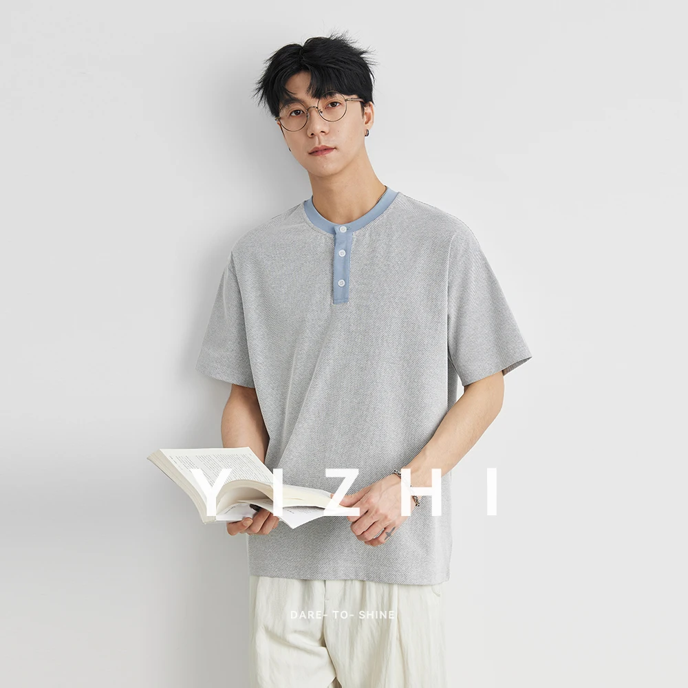 

Men American Retro Henry Collar Short Sleeve T-shirt 2025 Summer New Fashion All-match Half Sleeve T-shirt Top Men's Clothing