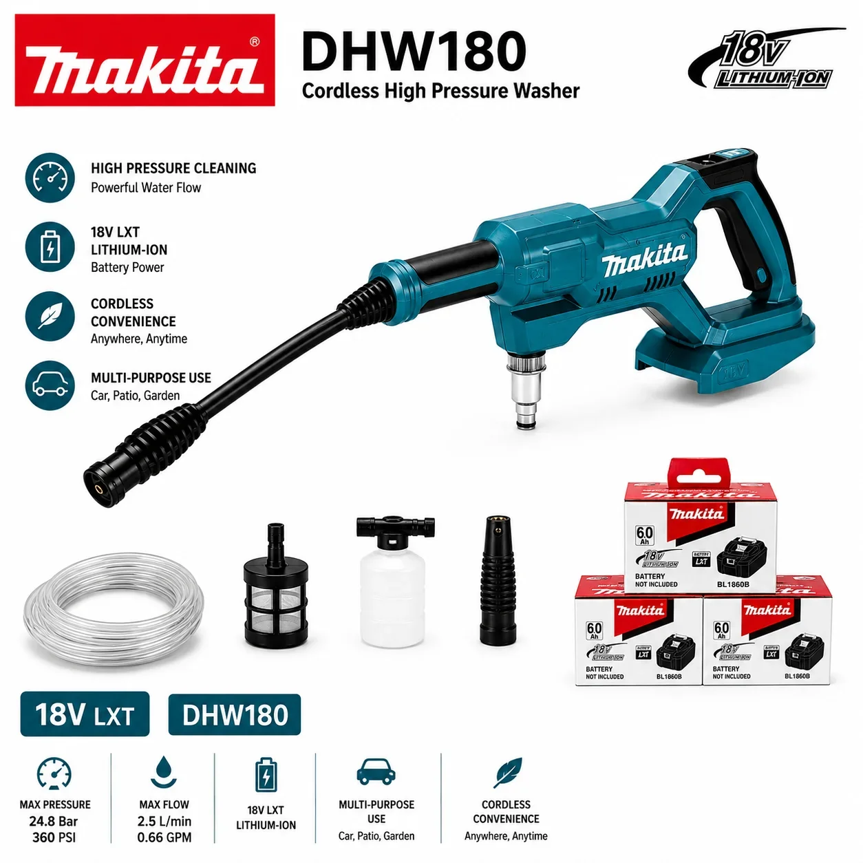 Idropulitrice portatile a batteria Makita DHW180, 18V, per pulizia ad alta pressione, pistola a spruzzo d'acqua senza fili per lavaggio auto, giardino, patio e pulizia esterna, compatibile con