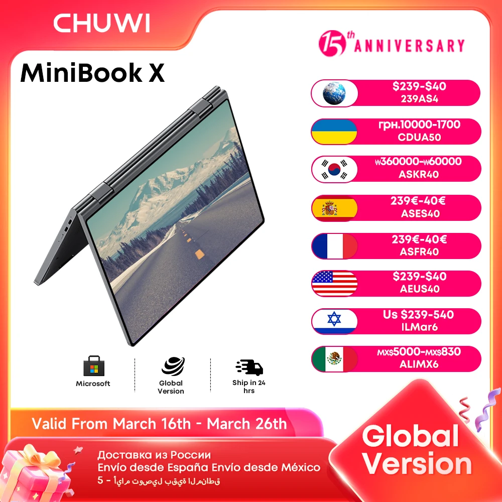 CHUWI MiniBook X 10.51 Inch 2-in-1 Tablet Laptop Intel N100 12GB LPDDR5 512G SSD Windows 11 Laptops Mini Notebook 2K FHD WiFii 6