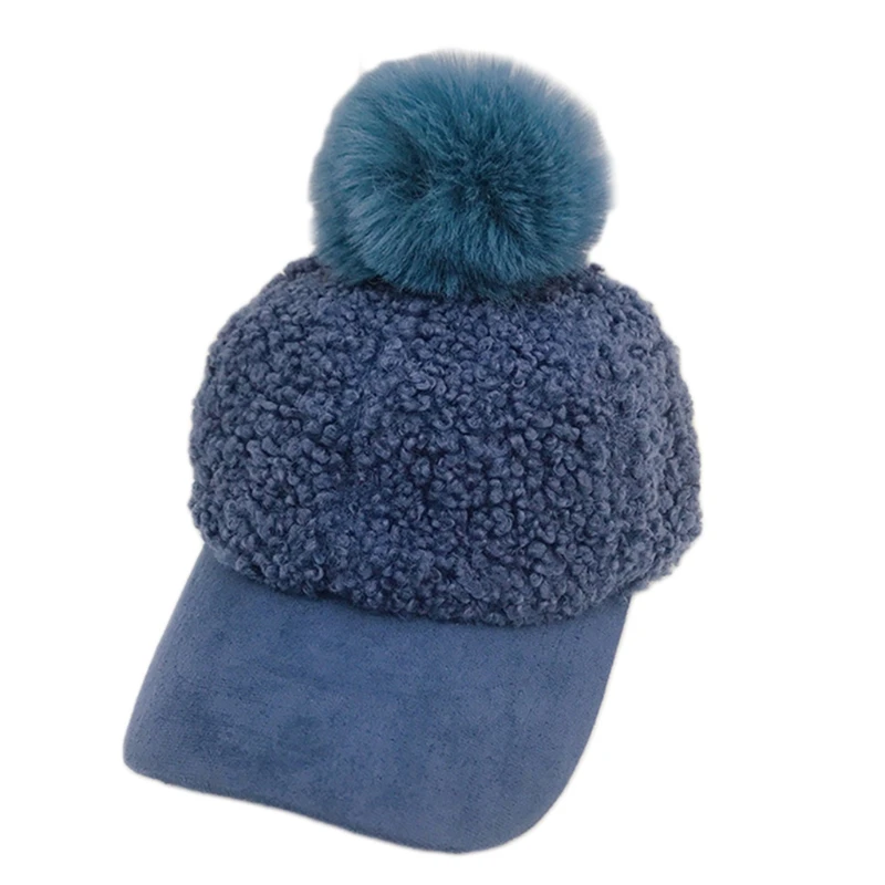 Women Winter Faux Fleece Baseball Peak Cap soft Warm Solid Color Cute Pompom Hip Hop Sunscreen Visor Brim Beanie Hat