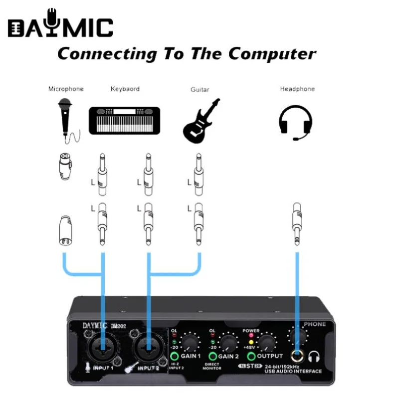 DAYMIC DM202 Professional Studio Recording 2 In 2 Out USB Audio Interface Sound Card