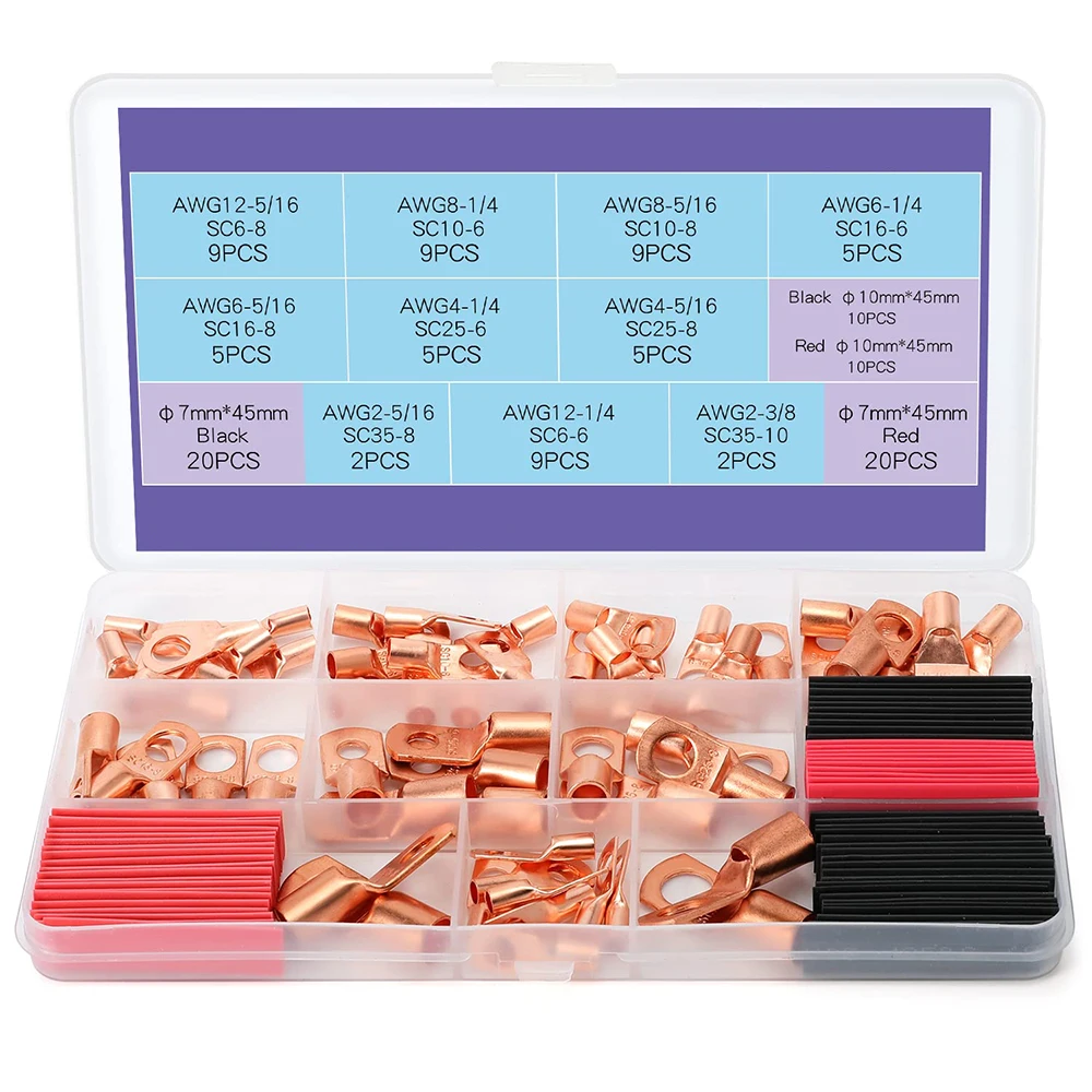 120Pcs copper wire lug battery cable lug battery cable end ring terminal connector with shrink fit tube assembly kit