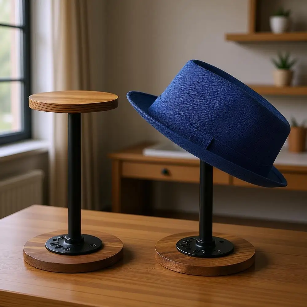 

Rustic Wooden Cowboy Hat Rack with Metal Stand for Hats, Helmets, and Display Accessories