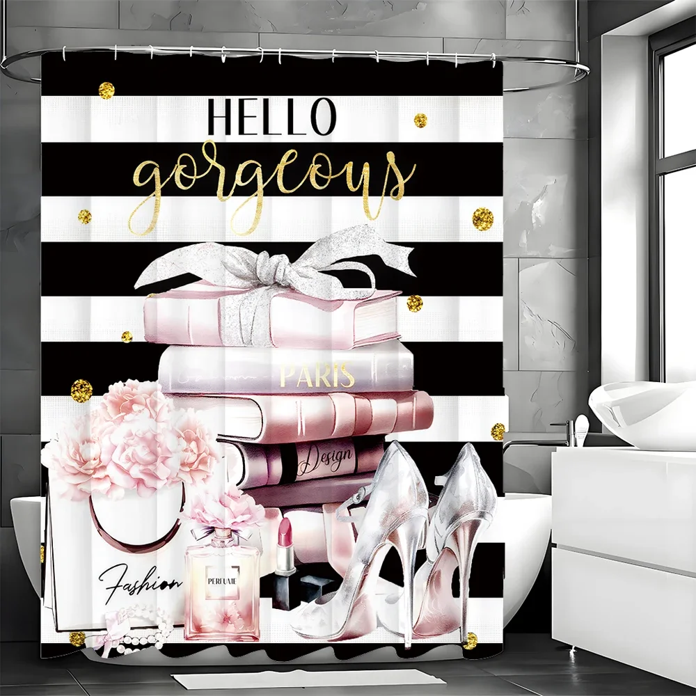 Cortina de ducha con lápiz labial y Perfume con tacones de clavel y libros a rayas en blanco y negro, cortina de ducha decorativa para baño, Sh impermeable