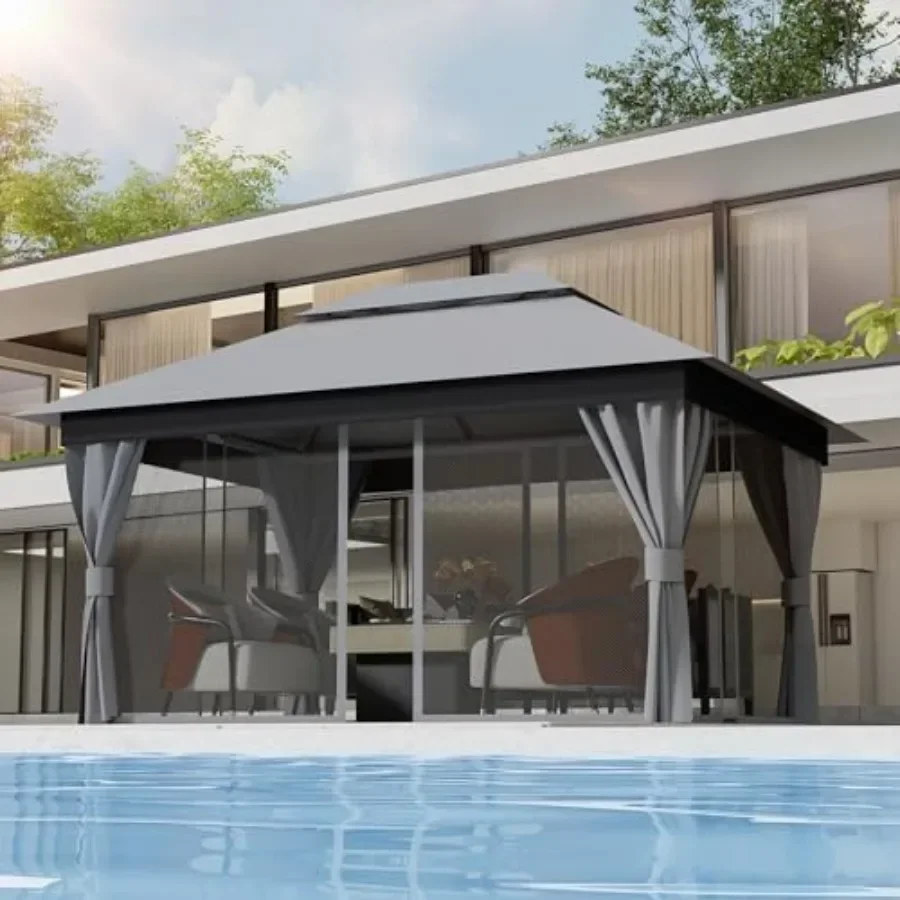 

Outdoor Gazebo for Patio 10'x13' - Heavy Duty Steel Fe Party Tent Shelter with Double Roofs Mosquito Net and Privacy Curtains