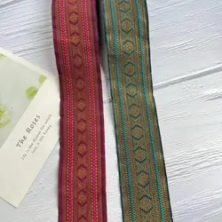 Wide 5 cm 10 Yards/lot Polyester Woven Jacquard Ribbon Pink and blue background Geometric pattern for clothing accessory YS-2136
